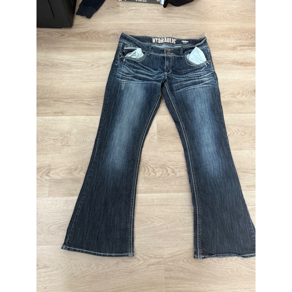 Hydraulic Metro Flare Jeans Womens 33x31 Dark Wash Low Rise Embroidered Pockets